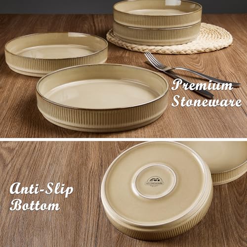 E-far Pasta Bowls Set of 4, 35oz Large Salad Bowl Plate for Dinner Serving, Wide & Shallow Ceramic Stoneware Pasta Plate, Microwave & Dishwasher Safe, Reactive Glaze Textured Stripe, Caramel Khaki - color: Caramel Khaki