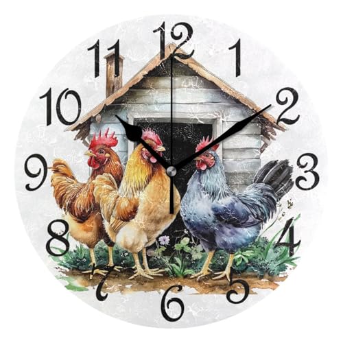 Chickens Wooden House Round Wall Clock Silent Non Ticking Rooster Bathroom Clocks 10 Inch Battery Operated Clock for Kitchen Living Room Bedroom Home Decor - color: A008