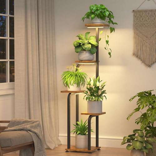iDavosic.ly Tall Plant Stand Indoor with Grow Lights & Wooden Trays, Brown | 4 Tier Multiple Flower Holder Shelf, Space Saving Display Rack for Living Room Balcony Patio Porch Outdoor, 46.5 Inch High - color: Brown with Light