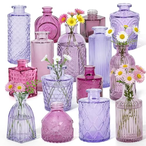 Set of 15 Purple Glass Bud Vases Small Textured Flower Vases | Retro Bulk Vases for Wedding Table Centerpieces Home Decor DIY Events Gifts - color: Purple