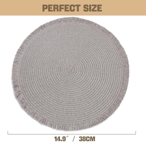 15 Inch Set of 6 Round Braided Woven Placemats Wipeable Paper Heat Resistant Table Mats with Fringe Tassel Boho Indoor Outdoor Table Placemats for Dining Tables (Grey) - color: Gray