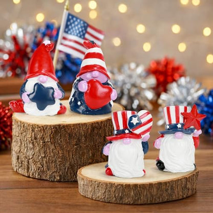 4th of July Decorations Patriotic Gnome Figurines, 4 Pcs Small Resin Gnome Statues, Red White and Blue Memorial Day Decor for Home Outdoor Garden Tiered Tray Shelf Mantel Tabletop Centerpieces