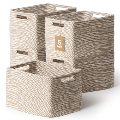 5 Pack Woven Storage Baskets, Decorative Storage Bins for Organizing | 13.8'' × 9.8'' × 7.9'', Cotton Rope Basket Organizer for Closet, Shelves, bathroom, Nursery, Toys, Books, Pantry, Khaki - color: Khaki