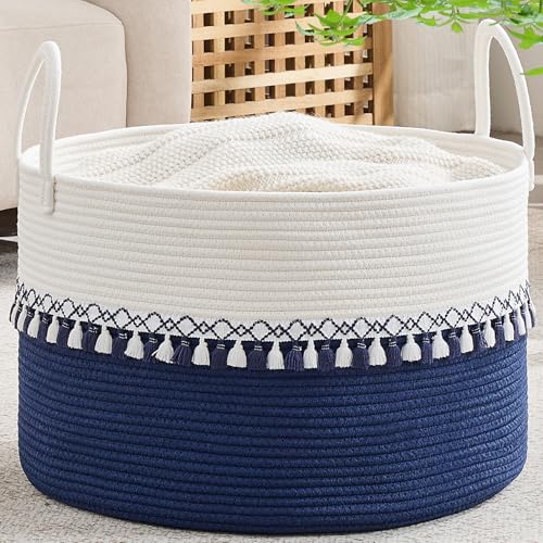 KAKAMAY Large Blanket Basket with Handles, Storage Basket for Living Room | Extra Large Capacity | Natural Cotton Rope | Blanket Storage | Woven Storage Basket | Stuffed Animal Storage | Laundry Basket - color: Blue Fringe