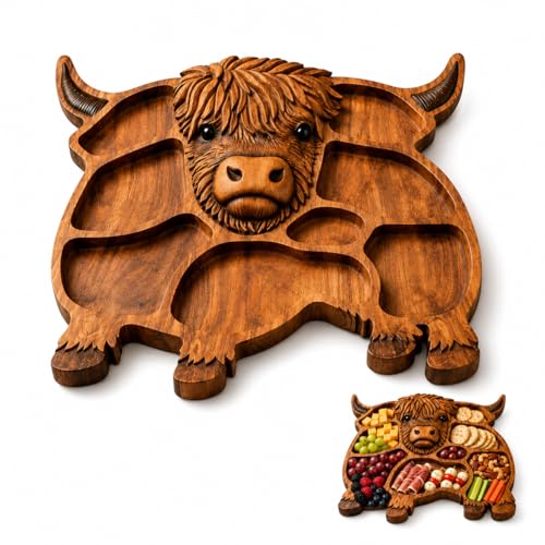 Highland Cow Serving Tray, Wooden Cow Charcuterie Board and Divided Snack Platter for Cheese, Fruit, Crackers, Appetizers, Farmhouse Kitchen Decor and Party Table, 1 Pack (Type-A) - color: Type-a