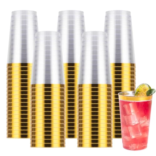 Goodluck 100PCS 14oz Gold Plastic Cups for Party, Disposable Gold Rim Cups | Plastic Cocktail Glasses for Wedding Thanksgiving, Christmas, and Parties - color: Gold-14oz, size: 100 Pack