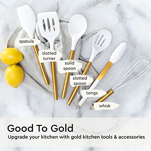 Gold Kitchen Utensils Set – 6 PC White Silicone and Gold Cooking Utensils with Spatula, Whisk, Tongs, Spoons, Cooking Tools for Nonstick Cookware – Luxury Kitchen Accessories for Home Chefs | White Silicone and Gold Cooking Utensils with Spatula, Whisk, T