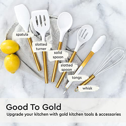 Gold Kitchen Utensils Set – 6 PC White Silicone and Gold Cooking Utensils with Spatula, Whisk, Tongs, Spoons, Cooking Tools for Nonstick Cookware – Luxury Kitchen Accessories for Home Chefs | White Silicone and Gold Cooking Utensils with Spatula, Whisk, T