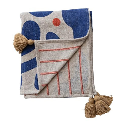 Bloomingville Woven Cotton Blend Throw with Abstract Design, Stripes and Tassels, Multicolor