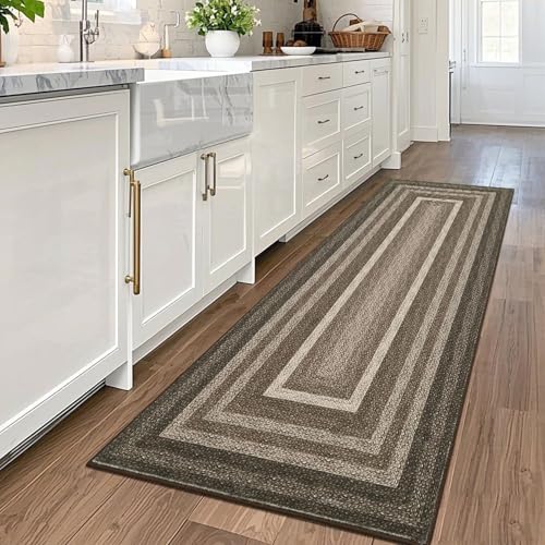 Garvee 2x6 Runner Rug Kitchen Rugs Washable Braided Print Rug, Brown | Hallway Runner Rug Stain Resistant Easy Cleaning Non Shedding Floor Cover for Laundry Entryway, Not Braid - color: Brown, size: 2' x 6' (Runner)