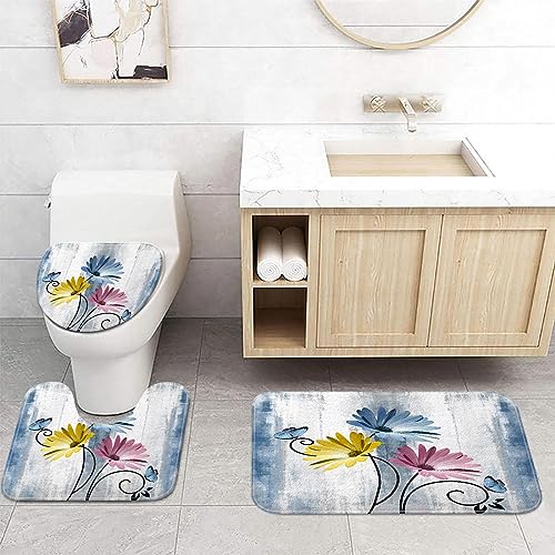 Rustic Farmhouse Bath Mat Set, Daisy Floral Flowers and Butterfly on Country Wooden Bathroom Mat Set with Non-Slip Bath Rug, Soft Toilet Lid Cover and Contour Mat, Turquoise Blue - color: Blue-2