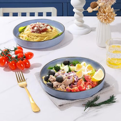E-far Pasta Bowls Set of 4, 30oz Shallow Salad Bowls for Dinner Serving, 8.25" Stoneware Ceramic Bowl Plates for Noodle Soup, Microwave & Dishwasher Safe, Reactive Glaze, Blue - color: Blue