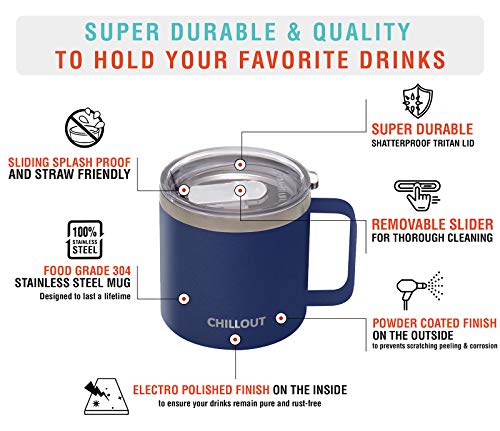CHILLOUT LIFE Stainless Steel 16 oz Vacuum Insulated Coffee Mug with Handle and Lid, Large Thermal Camping Coffee Mug Cup with Durable Sliding Top for Men & Women - Keeps Beverages Hot/Cold - color: Navy Blue, size: 16 Ounces