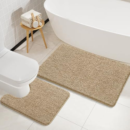 LOCHAS Bathroom Rugs Sets 2 Piece, 20''x20'' & 34''x21'', Sand Beige | Non Slip U-Shaped Toilet Rug, Chenille Washable Absorbent, Soft Bath Mat Set for Shower, Sink - color: Sand Beige
