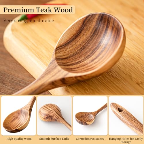 Gudamaye Wooden Soup Ladles, Natural Teak Wooden Spoons, 13 inch Big Deep Ladle for Cooking, Wood Kitchen Utensils Set - style: 1 PC Teak Ladle