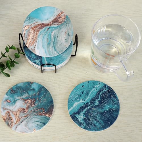 Blue Marble Ceramic Coasters with Holder Absorbent Drink Coaster Set Outdoor Round Abstract Cute Table Decorative Coffee Cup Beverage Fun Wine Beer Bar Gold Housewarming 6 Pack - style: blue gold