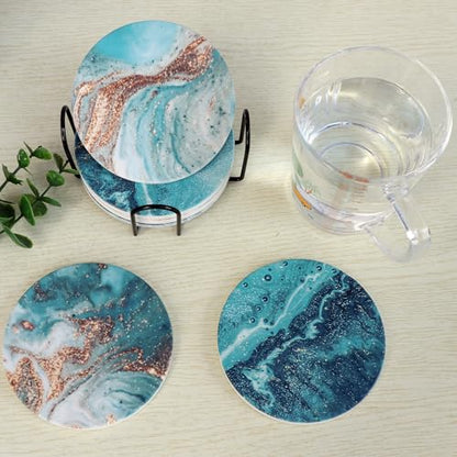 Blue Marble Ceramic Coasters with Holder Absorbent Drink Coaster Set Outdoor Round Abstract Cute Table Decorative Coffee Cup Beverage Fun Wine Beer Bar Gold Housewarming 6 Pack - style: blue gold
