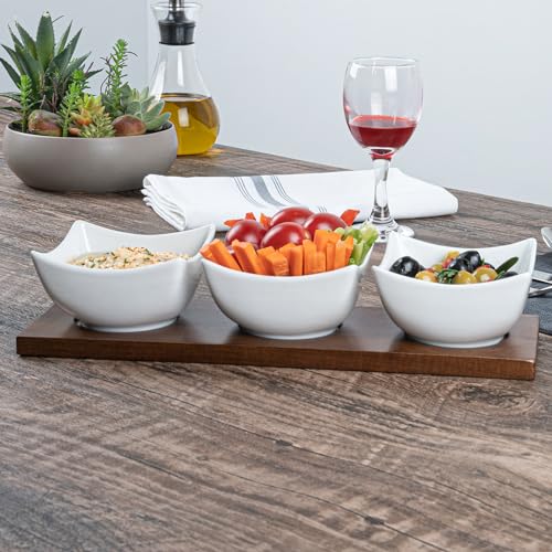 Restaurantware-15 Ounce Bowl Set with Tray - 1 Dishwashable Serving Set, Includes 3 Porcelain Bowls And 1 Bamboo Tray, Durable, White Porcelain And Bamboo Bowl And Platter Kit, Reusable, Freezable - size: Triple set, style: Cocktail