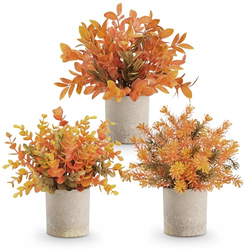 Der Rose 3 Pack Fake Plants Warm Orange Faux Plants for Fall Table Decor | Orange maple-toned eucalyptus, lightweight and compact, maintenance-free, autumn accents for shelf kitchen bedroom entryway - color: Orange