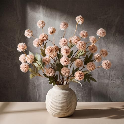 CEWOR 5 Pcs Faux Silk Pompon Mum Artificial Flowers for Vase, Bulk Fake Chrysanth Branches with Stems for DIY Bouquet Centerpieces Decor Wedding Floral Arrangements (Beige) - color: 5pcs Beige