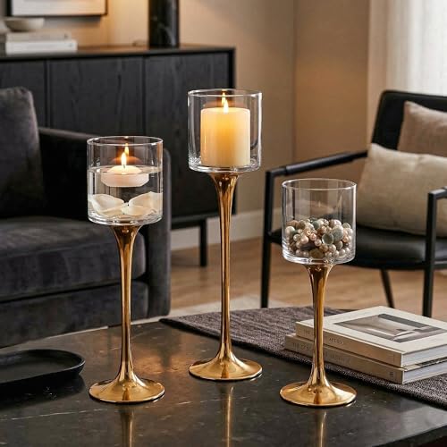 Royal Imports Glass Candleholder Flower Vase Set of 3, Gold | Floating & Pillar Candle Centerpiece Display, Decorative Hurricane on Pedestal for Home or Wedding