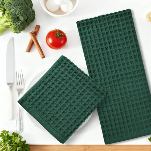 Waffle Hand Towels Set of 2 (Hunter-Green) – Cotton, Quick Dry, Lint Free | 13” x 29”, Bathroom Decor & Kitchen Towels - color: Hunter-green