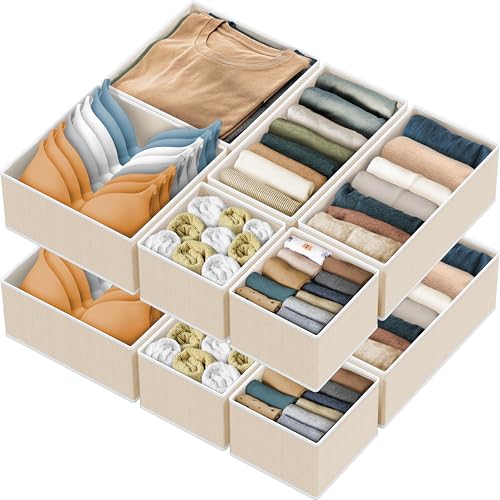 Simple Houseware Foldable Drawer Organizer Stocking Bin, Set of 12, Beige | Fabric Storage Bins for Clothes, Underwear, Bra, Panty, Socks, Onesies – Closet & Dresser Dividers for Home - color: Beige, size: Set of 12 - 4L / 4M / 4S