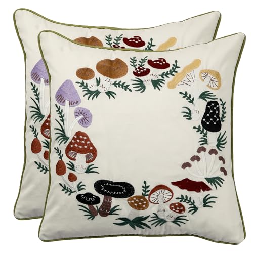 Embroidered Throw Pillow Covers 18x18 Set of 2 Mushroom | Durable Fabric,Square Pillow Cover,Boho Decorative,Hidden Zipper,Aesthetic Design,Ideal Gift,Machine Washable - color: Mushrooms