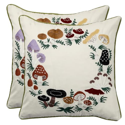 Embroidered Throw Pillow Covers 18x18 Set of 2 Mushroom | Durable Fabric,Square Pillow Cover,Boho Decorative,Hidden Zipper,Aesthetic Design,Ideal Gift,Machine Washable - color: Mushrooms