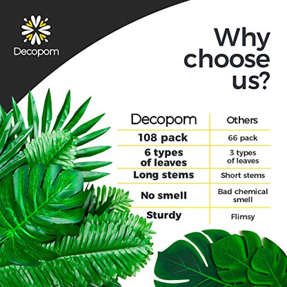 108 Pack Palm Leaves Artificial Tropical Monstera - 6 Kinds Large Small Green Fake Palm Leaf with Stems for Safari Jungle Hawaiian Luau Party Table Decoration Wedding Birthday Theme Party Decorations - style: 108 Pack