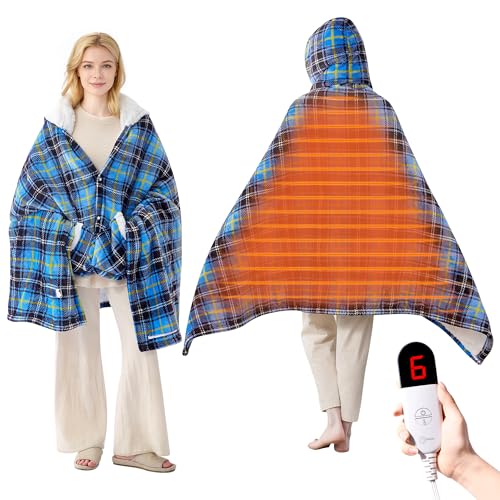 Electric Blanket Wearable Heated Shawl with Hood & Pockets, 40"x70" | 6 Heat Settings, 4H Auto-Off, Flannel & Sherpa Reversible, Cozy Plaid Heated Throw Blanket for Home, Couch or Gift, Blue - color: Blue, size: Short