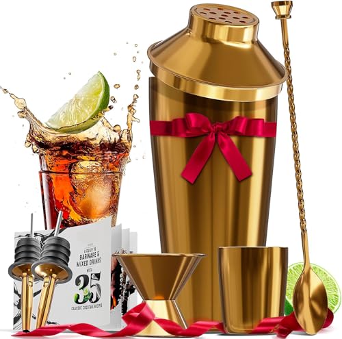 Bar Set Cocktail Shaker Set Bartender Kit, 8 Piece Gold Cocktail Set, Mixology Bartender Kit, Steel Drink Shakers Cocktail Kit, Bar Accessories: 24oz Martini Shaker, Muddler, Cocktail Book and More - color: Gold, size: 8 Piece
