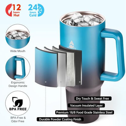 40 oz Tumbler with Handle and Straw or Convert to 40 oz Insulated Water Bottle Fits in Cup Holder. Stainless Steel Metal Water Flask with 2 Lids for Travel,Camping,Gym Sports Coffee Mug Thermal Cup - color: Indigo Black
