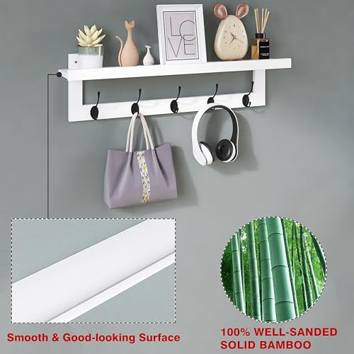 SMIBUY Coat Hooks with Shelf Wall-Mounted, 29.2 Inch Entryway Coat Rack for Wall, Bamboo Hanging Shelf with 5 Double Metal Hooks for Bathroom, Bedroom, Kitchen, Living Room (White + Black) - color: White + Black