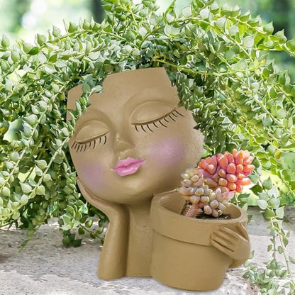 Face Planter Pot, Lady Head Planter with Drainage Holes, Khaki | Dual-compartment lady head planter with drainage holes for succulents, cactus, and air plants - color: Khaki