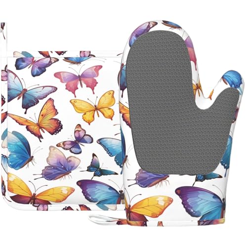 Colorful Butterflies Heat-Resistant Oven Mitts and Pot Holder Kitchen Non-Slip Silicone Cooking Microwave Gloves for Cooking Baking Grilling BBQ - color: Colorful Butterflies