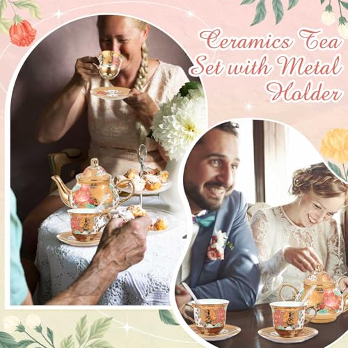 Zhehao 20 Pcs Porcelain Tea Set with Metal Holder and Spoon Adult Ceramic Tea Set European Flower Painting Teapot Cup Saucer Spoon for Women Mom Gift, Large Version (Stylish Style) - color: Stylish Style