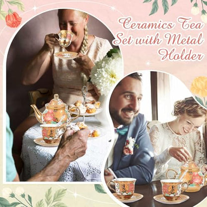 Zhehao 20 Pcs Porcelain Tea Set with Metal Holder and Spoon Adult Ceramic Tea Set European Flower Painting Teapot Cup Saucer Spoon for Women Mom Gift, Large Version (Stylish Style) - color: Stylish Style