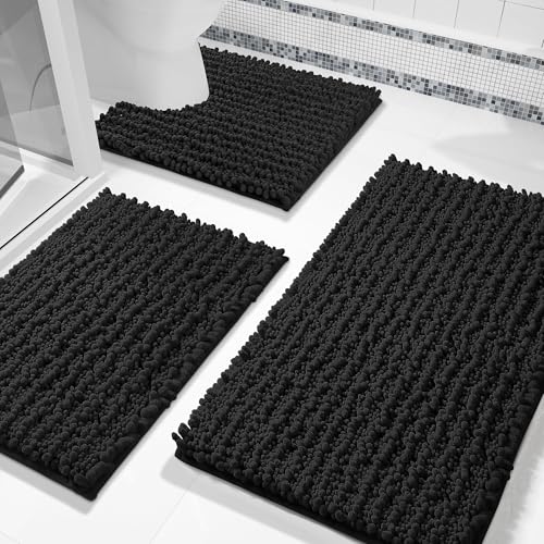 Yimobra Black Bathroom Rug Set 3 Piece - Super Absorbent Quick Dry Chenille Bath Mats & Toilet Rug, Non Slip Machine Washable, Extra Thick Shaggy Floor Mat for Shower Tub Sink - color: Black, size: 24"x17" + 24"x20" + 30"x20"