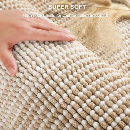 Bathroom Rugs Sets 3 Piece, Toilet Rugs U-Shaped Contour Bath Mat Set, Long Striped Absorbent Non Slip Chenille Shower Mat, Beige - color: Beige, size: 20"x47"+16"x24"+ U Shape 20"x24"