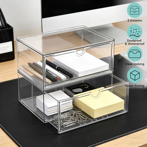 Prsildan Acrylic Makeup Organizer, 2 Pack Stackable Clear Storage Drawers for Baby Bottles Desk Organizers with 2 Drawers for Countertop Vanity Nursery Modular System for Cosmetics Jewelry - size: Stackable-2 Drawers