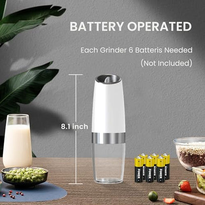 Battery Operated Salt And Pepper Grinder Set 2 Pack (White) | Gravity-Activated Automatic Grinder With Led Light & Adjustable Coarseness, Each Uses 6 Aaa Batteries,Kitchen Daily Seasoning - color: Battery/2pcs/White