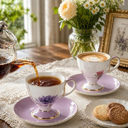 KAMMAK Tea Cups Set of 2,Ceramic Floral Pattern Demitasse Cup | Porcelain Espresso Cup with Saucer, 8.45 oz Handmade Elegant Bone China Tea Cups for Latte, Americano, Cappuccino - color: Water Lily & Winter sweet