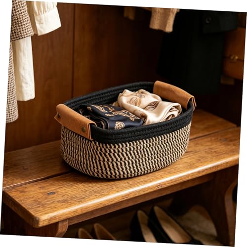ULTECHNOVO Woven Cotton Rope Storage Basket Set Small Nesting Organizer Bins with Pu Handles 5pcs for and Craft Supplies for Nursery, Bedroom, Bathroom Shelf