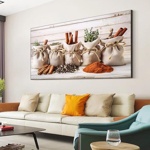 Kitchen Canva Wall Art, Spices and Herbs Large Unique Painting Canvas Print, Large Kitchen Canvas Wall Art Decor, Kitchen Canvas Wall Art Decor, Kitchen Pictures Wall Decor, Kitchen Wall Decor (Black Metal Framed, 48"x 27"| 122x68cm) - color: Black Metal