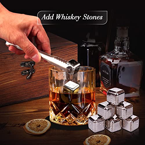 Whiskey Set Gifts for Men, DIOXADOP 6 Stainless Steel Whisky Stones 2 Crystal Whisky Glasses 1 Blessing Card in a Exquisite Wooden Box, Prepare a Gift for Whiskey Scotch Bourbon Lover - color: Stainless Steel Whisky Set