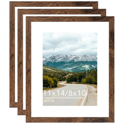 11x14 Picture Frame with 8x10 Mat Deep Brown, Display 8x10 with Mat or 11x14 Without Mat, Wood 11 by 14 Photo Frame, 11 x 14 Frame for Wall Hanging Display, Deep Brown, 3 Pack - size: 11x14 inch