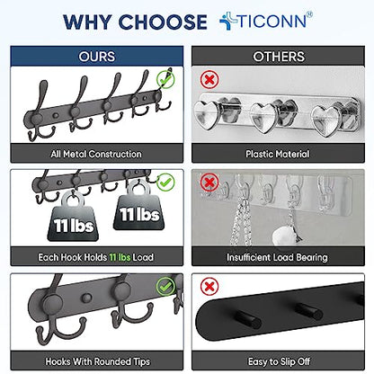 TICONN Wall Mounted Coat Rack, Five Heavy Duty Tri Hooks All Metal Construction for Jacket Coat Hat in Mudroom Entryway (Space Gray, 2-Pack) - color: Space Gray