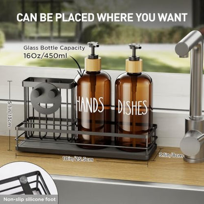 Moforoco Kitchen Dish Soap Dispenser Set, 16OZ Glass Bottle, Hand and Dish Soap Dispenser Set, Instant Dry Tray, Brush Holder with Smiley Face Sponge Holder (Black Tray+Amber Bottle) - color: Black Tray+amber Bottle