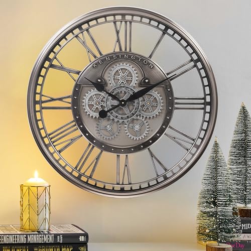 28" Moving Gear Wall Clock for Living Room,Gunmetal Roman Numeral | SIilent Non Ticking, Aluminum Dial, Unique Modern Wall Clocks for Dinning Room, Entryway & Home Office - color: Roman Gunmetal, size: 28"